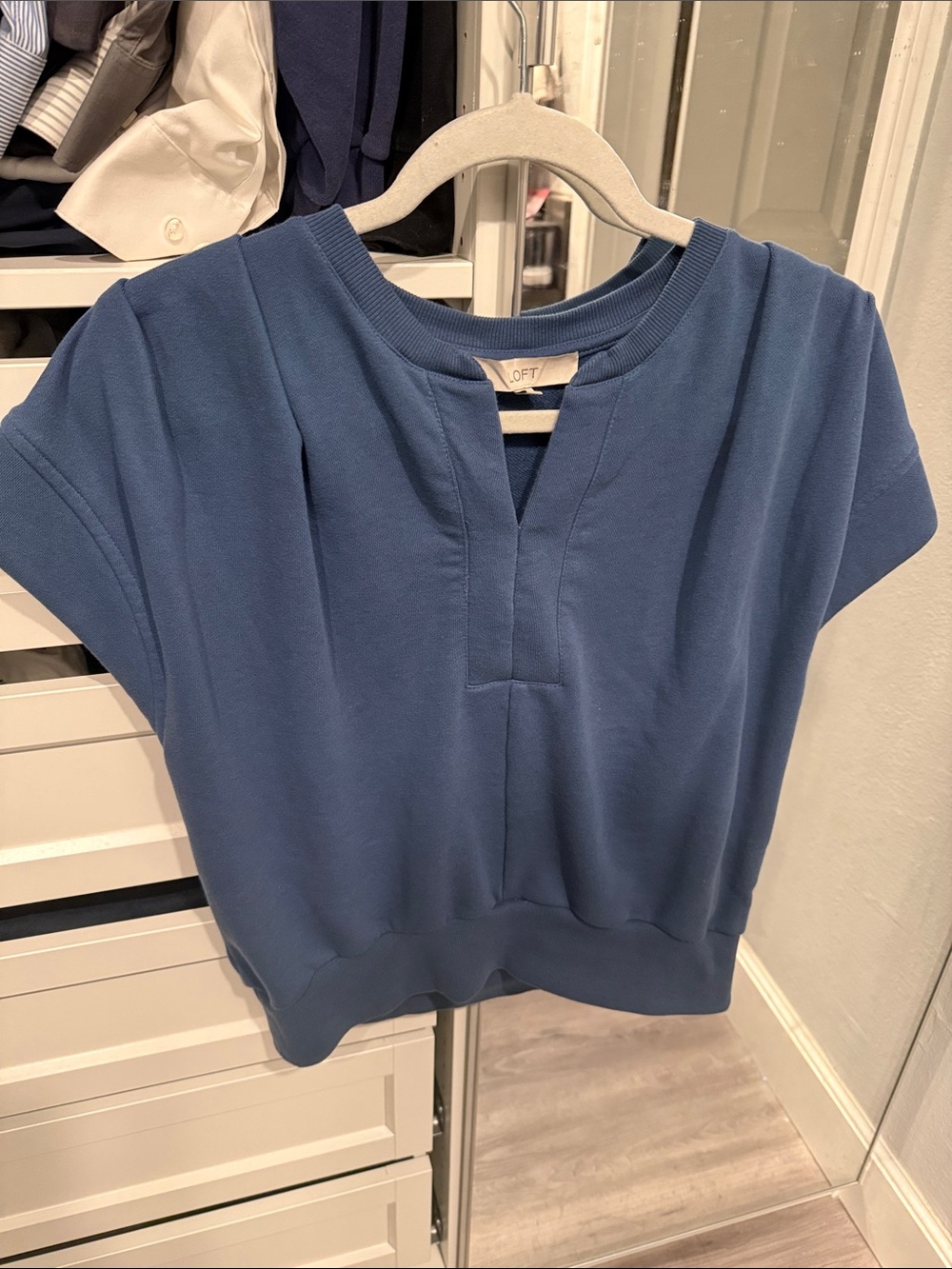 LOFT Short-Sleeve Split-Neck Sweatshirt in Dusty Blue